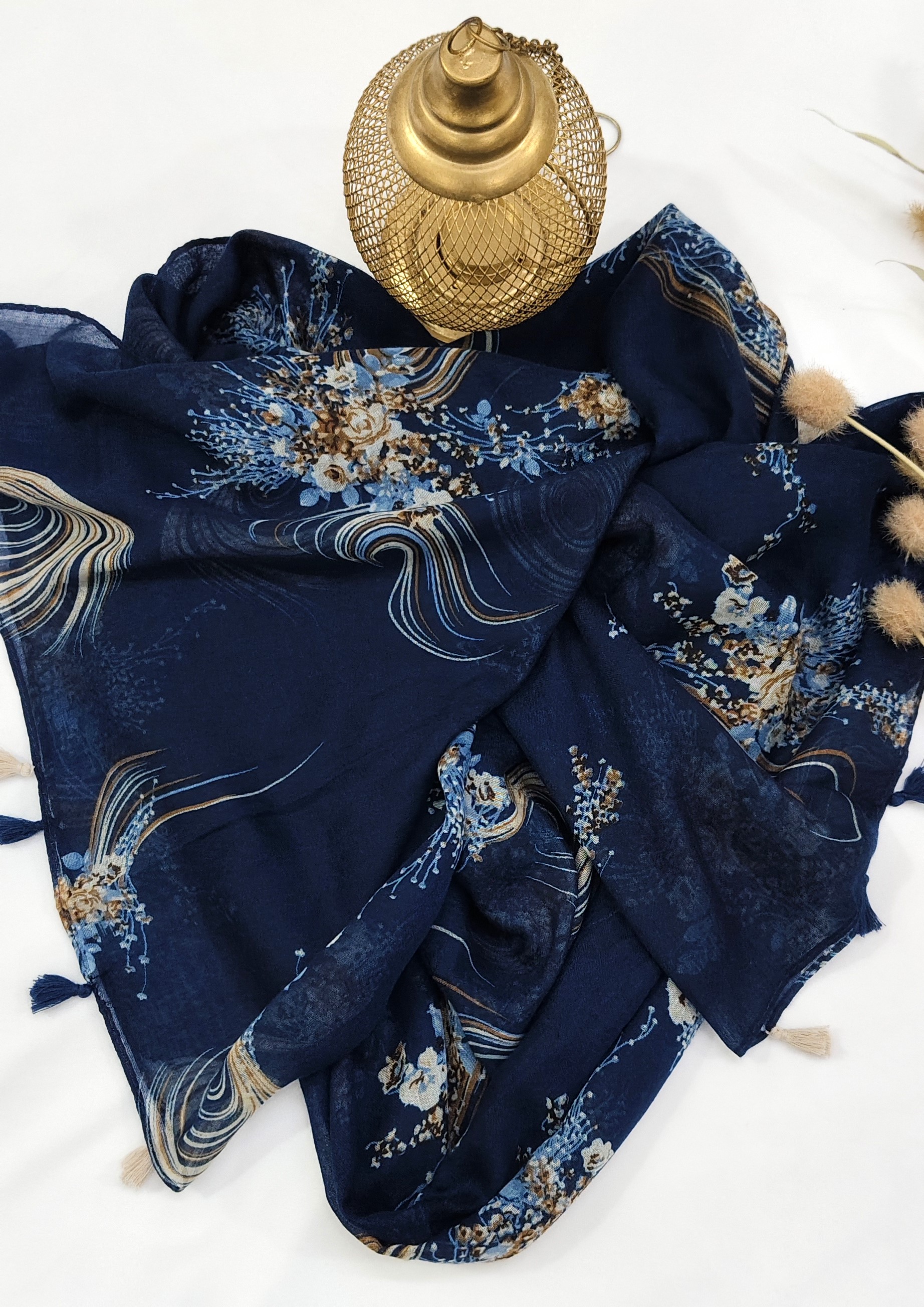 Cotton Floral Line Print Hijab With Tassels