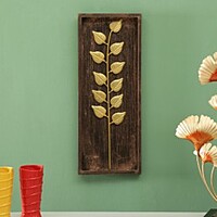 Rustic Dark Wood & Gold Leaf Shadow Box Wall Art - 20" x 8" Botanical Wall Decor