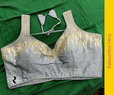 Grey Ghicha Sequence Blouse Royal Neck