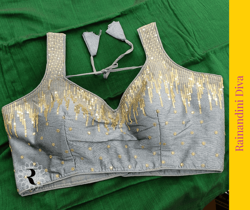 Grey Ghicha Sequence Blouse Royal Neck Grey Ghicha Sequence Blouse Royal Neck