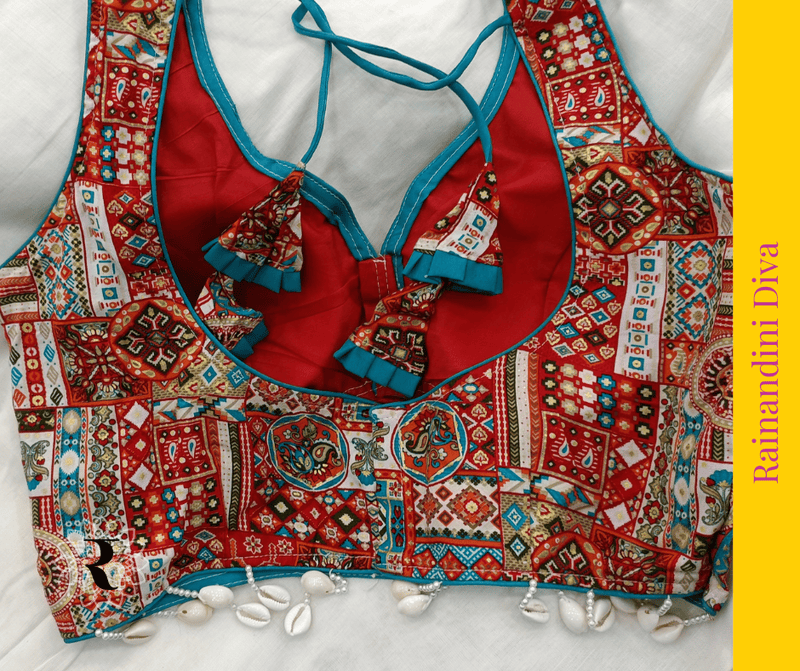 Red Cotton Ajrakh Blouse Royal Neck