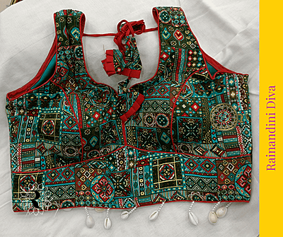 Green Cotton Ajrakh Blouse Royal Neck