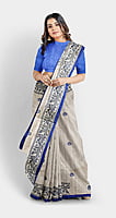 Ghicha Silk Saree Handloom Tussar Blue Madhubani with BP