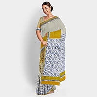 Handloom Cotton Printed Yellow Off White Golden Zari with BP