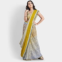 Handloom Cotton Printed Yellow Off White Golden Zari with BP