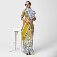 Handloom Cotton Printed Yellow Off White Golden Zari with BP