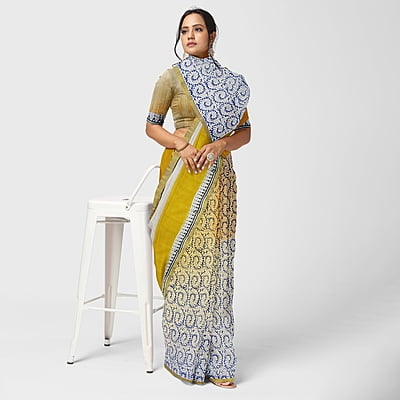 Handloom Cotton Printed Yellow Off White Golden Zari with BP