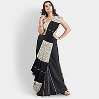 Cotton Ghicha Pale Cream Black Warli Print with BP Cotton Ghicha Pale Cream Black Warli Print with BP