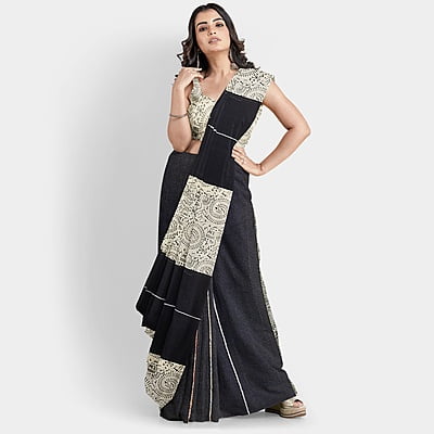 Cotton Ghicha Pale Cream Black Warli Print with BP