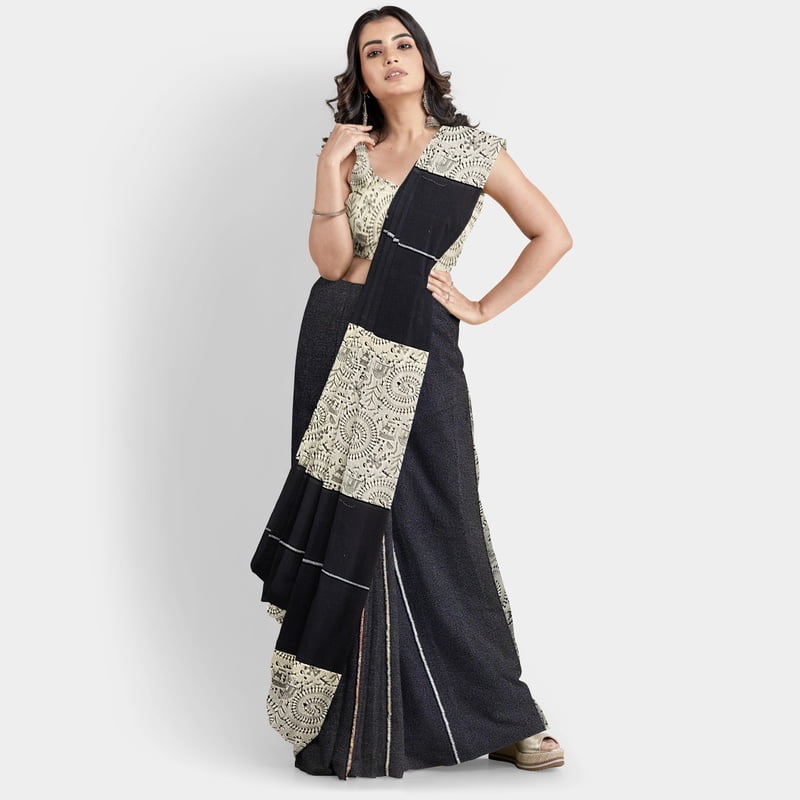 Cotton Ghicha Pale Cream Black Warli Print with BP Cotton Ghicha Pale Cream Black Warli Print with BP