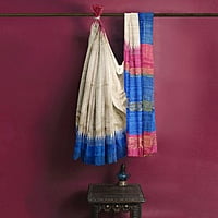 Ghicha Silk Ikkat Saree Handloom Tussar Cerulian Blue and Maroon with BP Ghicha Silk Ikkat Saree Handloom Tussar Cerulian Blue and Maroon with BP