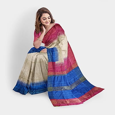 Ghicha Silk Ikkat Saree Handloom Tussar Cerulian Blue and Maroon with BP