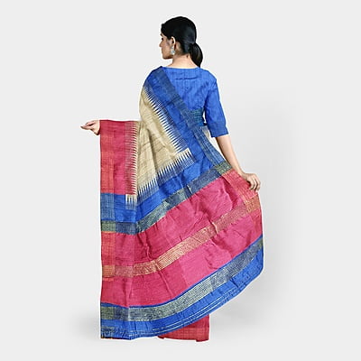 Ikkat Ghicha Silk Saree Handloom Tussar Blue with BP