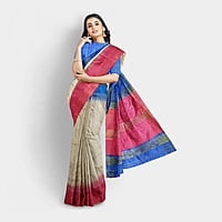 Ikkat Ghicha Silk Saree Handloom Tussar Blue with BP