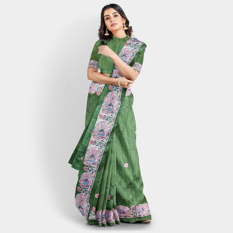 Royal Madhubani Haryali Ghicha Silk Saree with BP