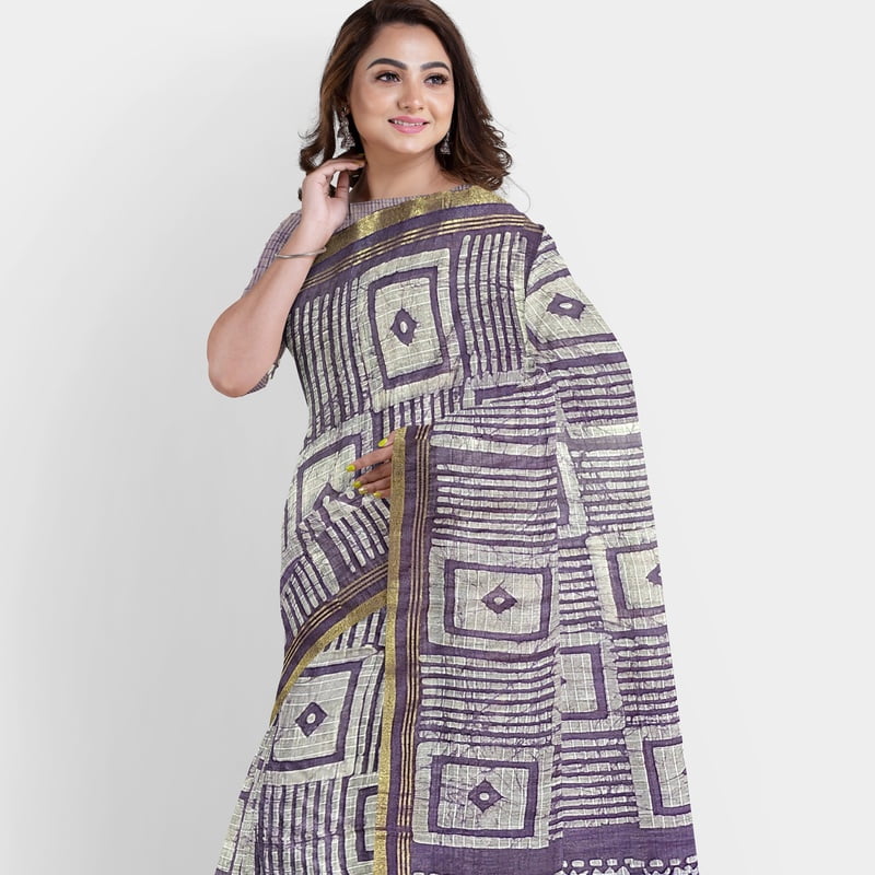 Handloom Linen Ultramarine Blue Box Batik Saree with BP Handloom Linen Ultramarine Blue Box Batik Saree with BP