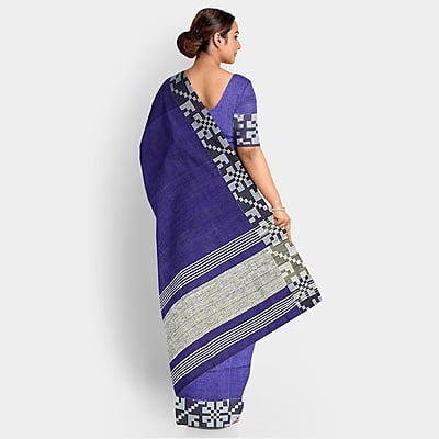 Dual Colour Navy Blue Black Linen Box Batik Saree with BP