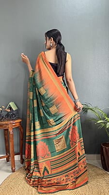 Rajwadi Silk Ready To Drape Saree-Teal-Back