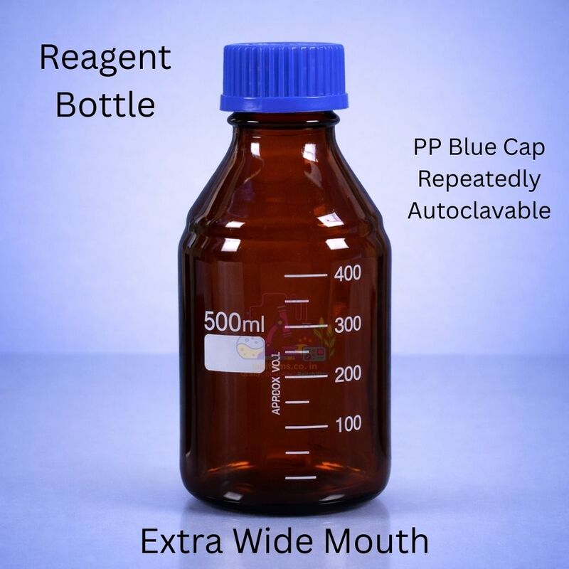 Reagent Bottle extra wide mouth with PP Blue screw cap repeatedly autoclavable