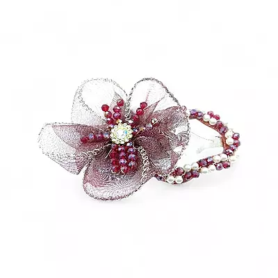Elegant Red Floral Beaded Organza Hair Clip