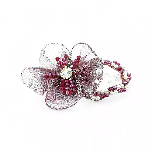 Elegant Red Floral Beaded Organza Hair Clip