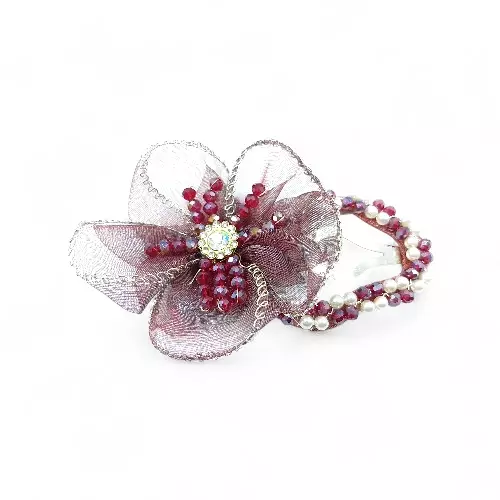 Elegant Red Floral Beaded Organza Hair Clip