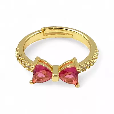 Gold-Plated Adjustable Butterfly Bow Ring - Red Zircon