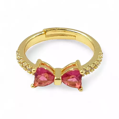 Gold-Plated Adjustable Butterfly Bow Ring - Red Zircon