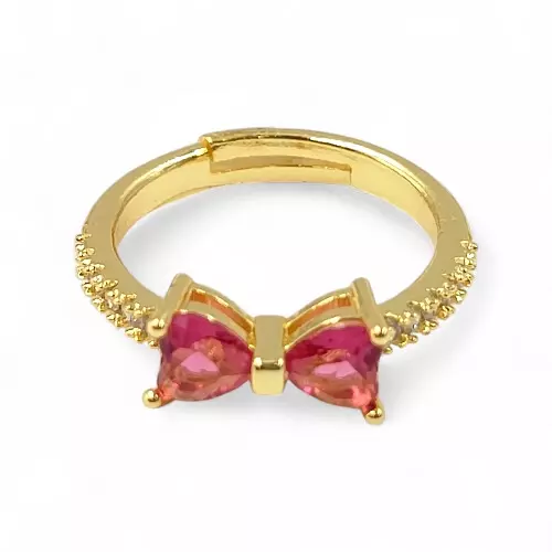 Gold-Plated Adjustable Butterfly Bow Ring - Red Zircon