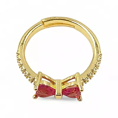 Gold-Plated Adjustable Butterfly Bow Ring - Red Zircon