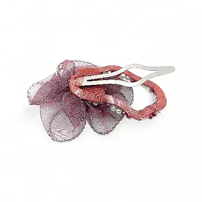 Elegant Red Floral Beaded Organza Hair Clip