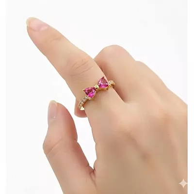 Gold-Plated Adjustable Butterfly Bow Ring - Red Zircon