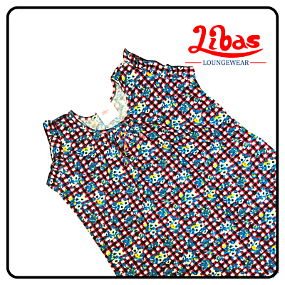 Red & Blue checked floral printed hosiery cotton sleevless nighty from libas loungewear-SL023