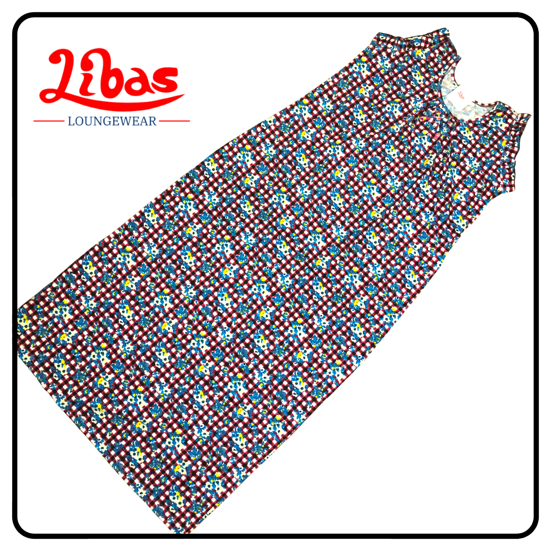 Red & Blue checked floral printed hosiery cotton sleevless nighty from libas loungewear-SL023 Red & Blue checked floral printed hosiery cotton sleevless nighty from libas loungewear-SL023