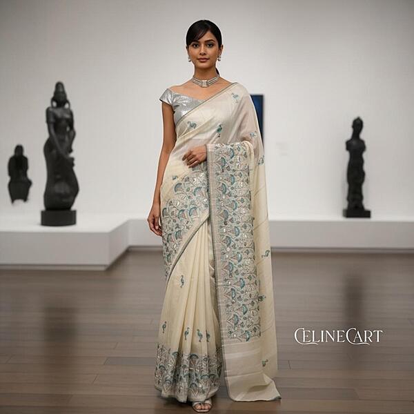 Regal Tussar Silk Embroidered Saree