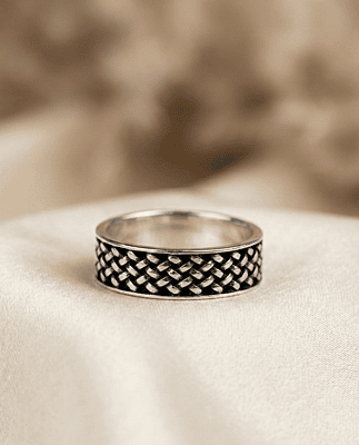 925 Silver Obsidian Grid Silver Band - Medium