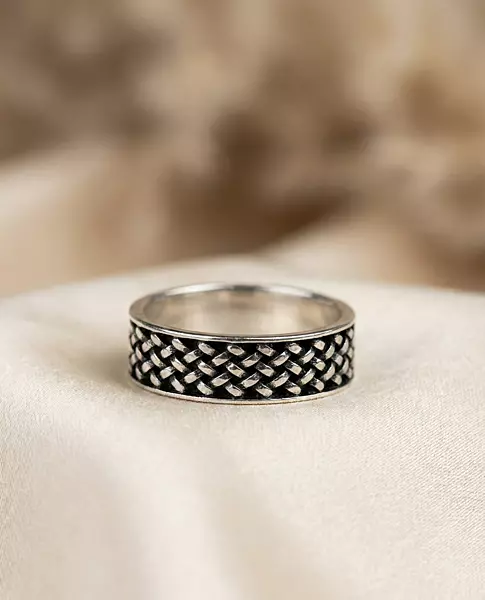 925 Silver Obsidian Grid Silver Band - Medium