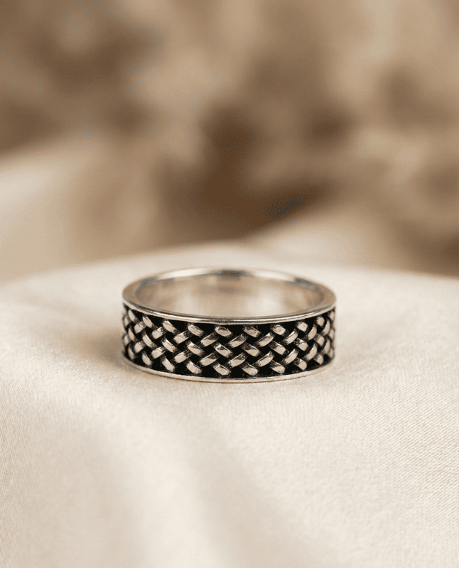 925 Silver Obsidian Grid Silver Band - Medium