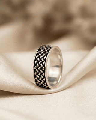 925 Sterling Silver Obsidian Grid Band - Small