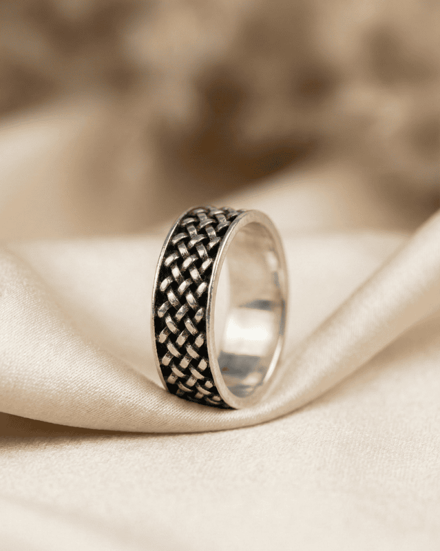 925 Sterling Silver Obsidian Grid Band - Small