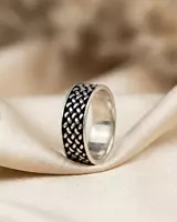 925 Silver Obsidian Grid Silver Band - Medium