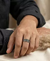 925 Silver Obsidian Grid Silver Band - Medium