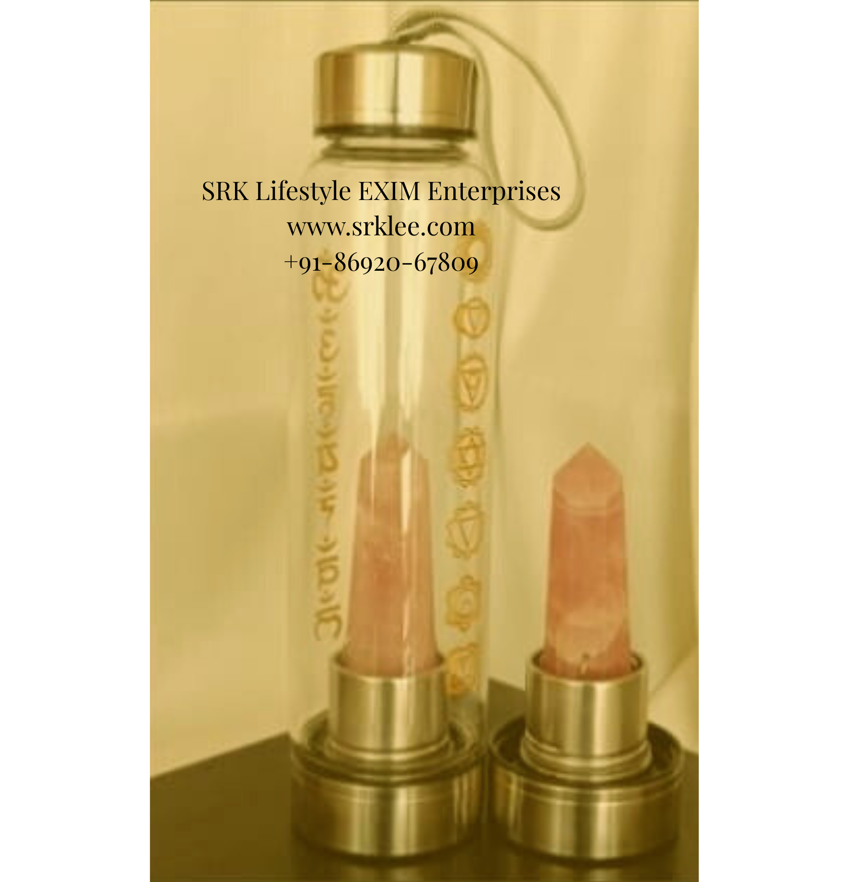 Stone Water Bottle - Rose Quartz (Stone of Love) with Mantras & Chakras Stone Water Bottle - Rose Quartz (Stone of Love) with Mantras & Chakras