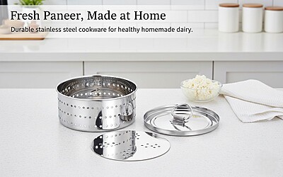 Granny Kitchen Express Stainless Steel Round Paneer Maker with Lid and Strainer Plate