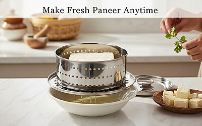 Granny Kitchen Express Stainless Steel Round Paneer Maker with Lid and Strainer Plate