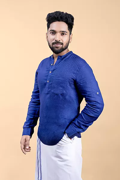 Men's Embroidered Short Kurta - Blue