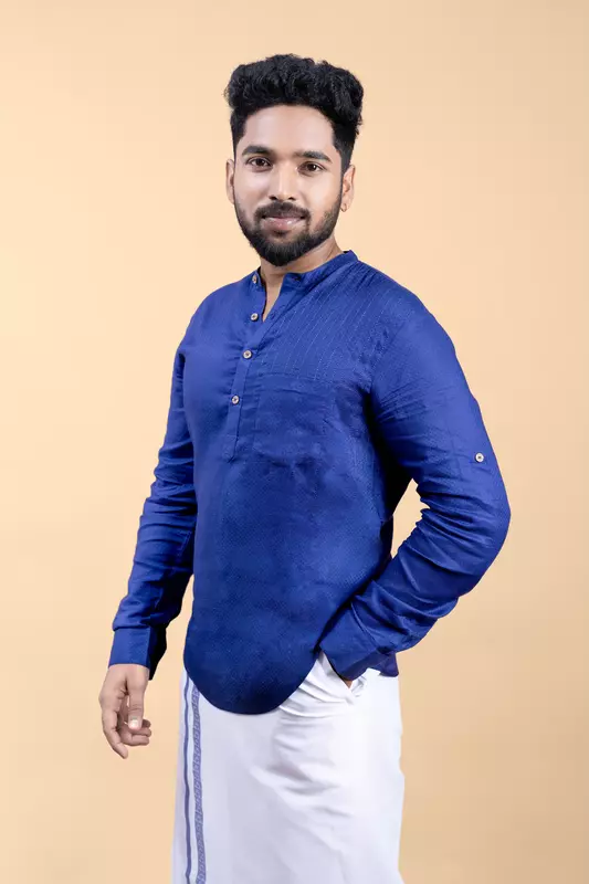Men's Embroidered Short Kurta - Blue