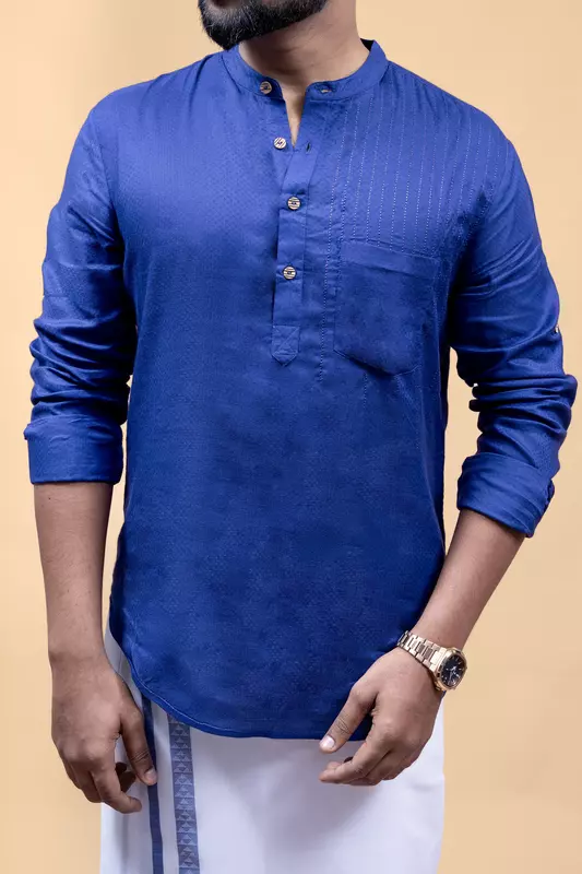 Men's Embroidered Short Kurta - Blue