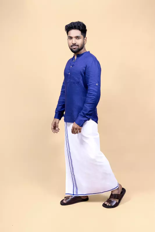 Men's Embroidered Short Kurta - Blue
