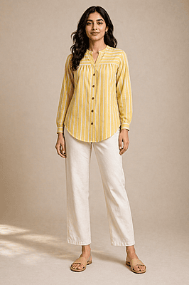 Mustard Yellow Striped Cotton Shirt Top with Gathered Yoke & Curved Hem